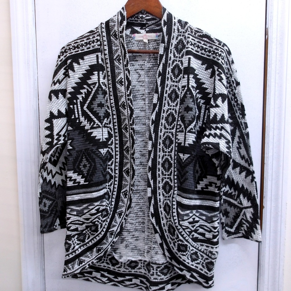 Womens Black White Tribal Print Open Front Long Sleeve Cardigan Sweater L/ #1244